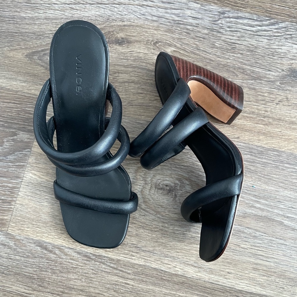 Vince Black Leather Block Heel Sandals Size 7 New Square Toe Padded Straps $330